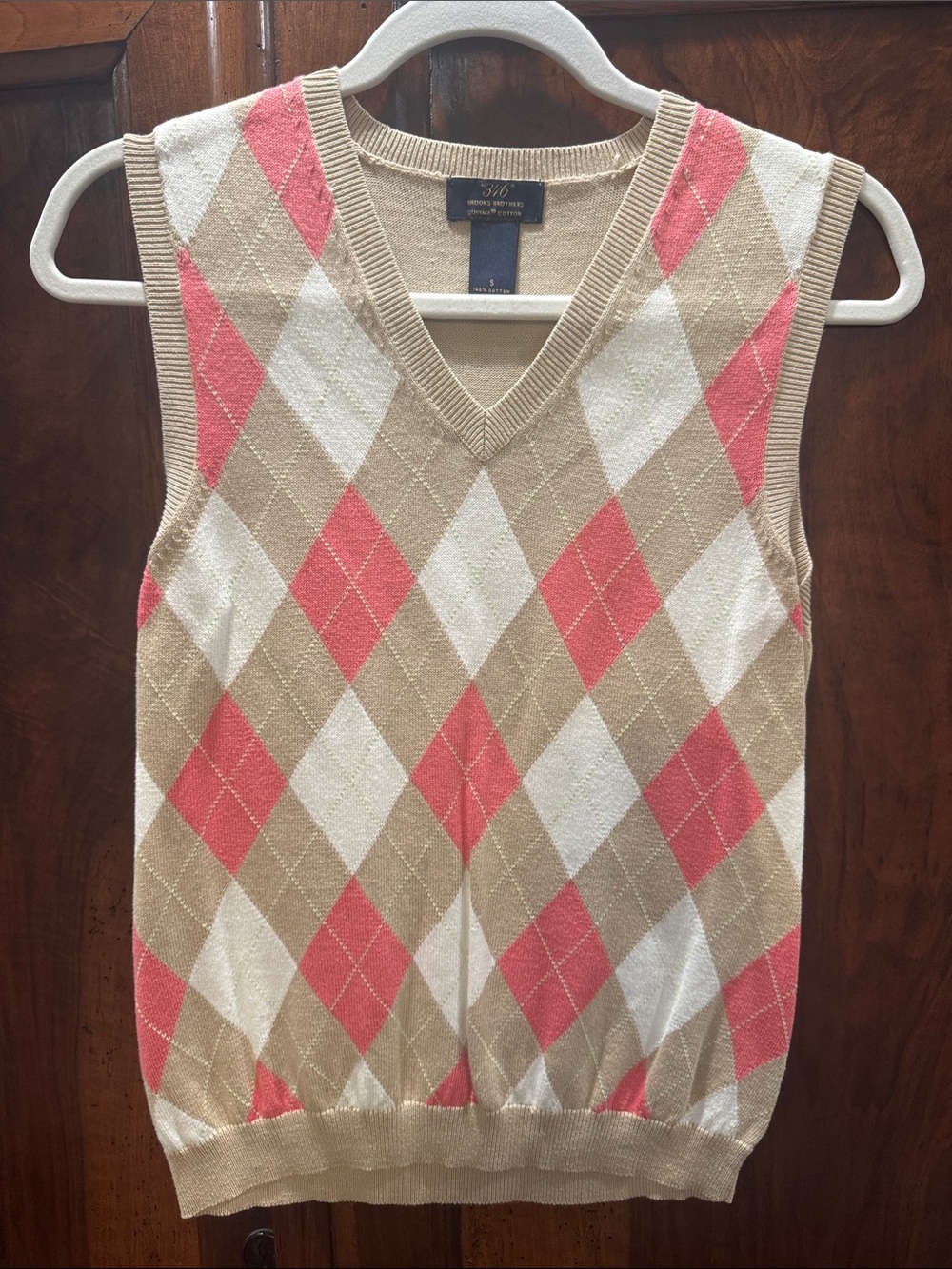 Brooks Brothers Tan, Coral & White Argyle V-Neck Sweater Tank